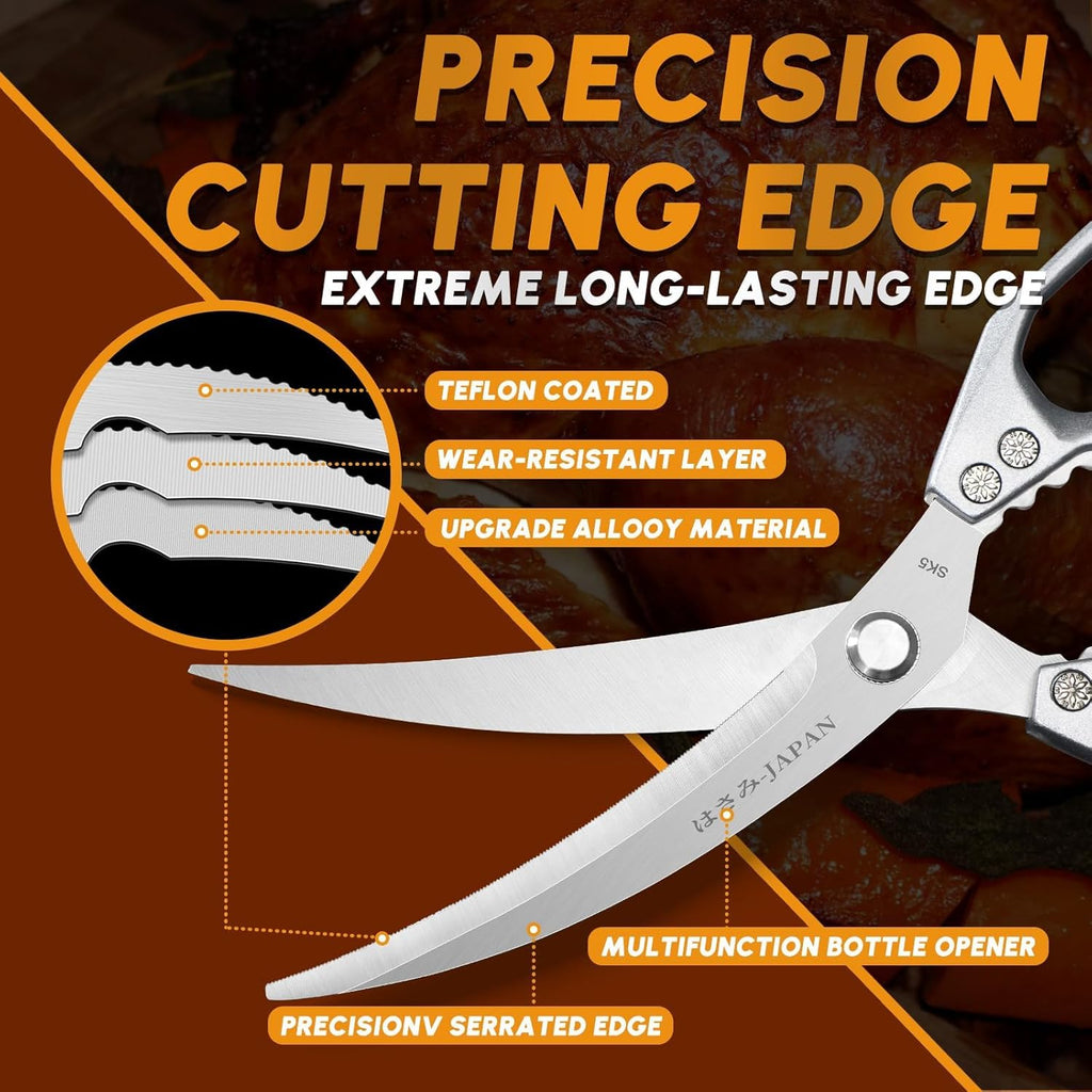 Kitchen Scissors and Cooking Tong Set - Silver Kitchen Shears for Food with Stainless Steel BBQ Tongs, Japanese Style