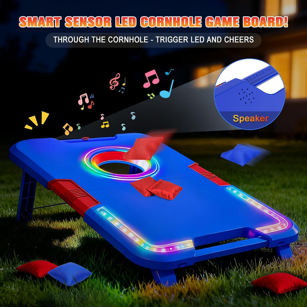 Portable Cornhole Board Set with LED Lights, Scoring & Sound Effects | 2 Foldable Boards & 8 Bean Bags for Backyard