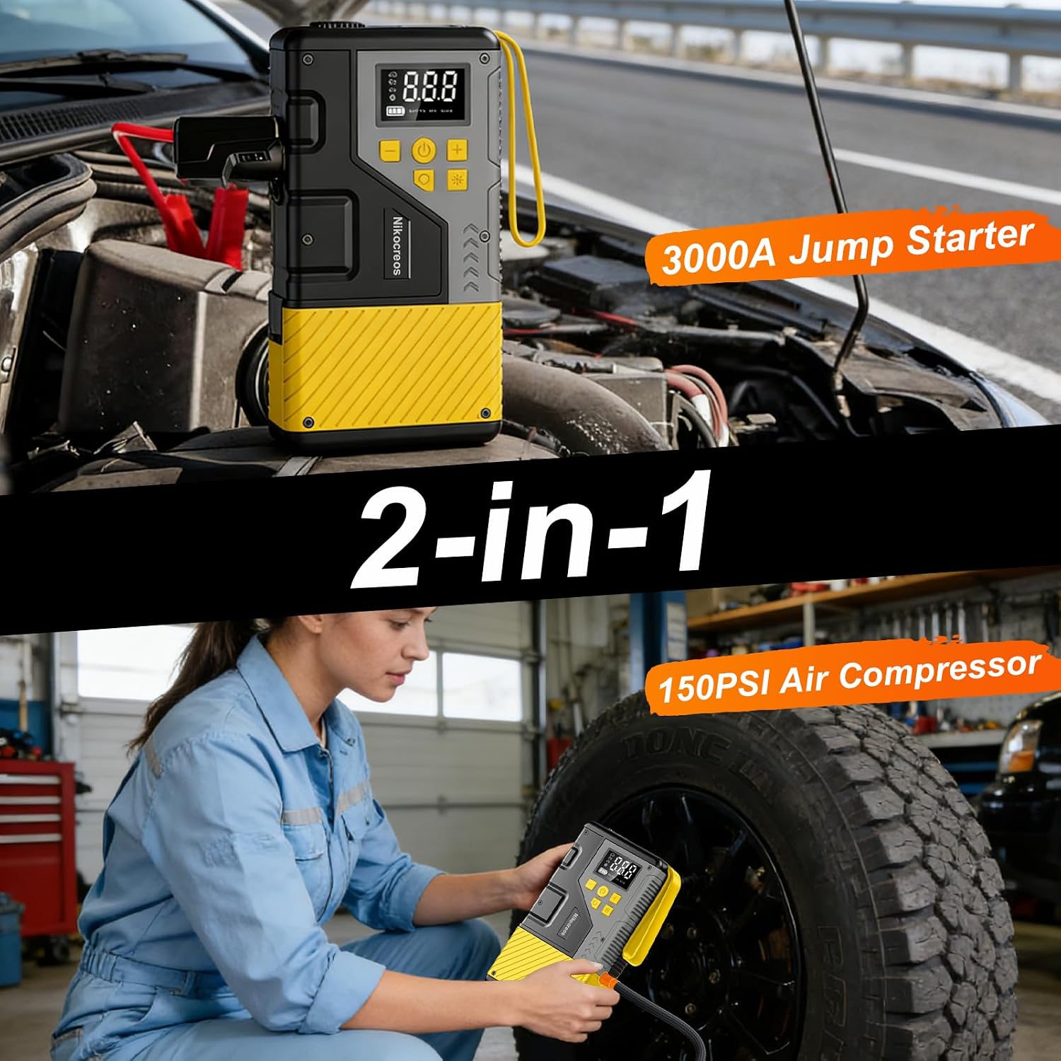 Portable Car Jump Starter with Air Compressor for Emergencies,3000A Peak and 150 PSI Max