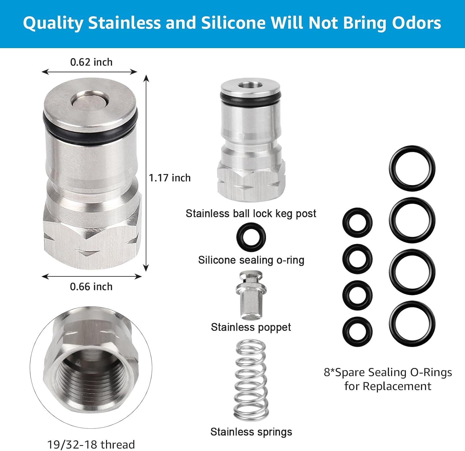 2 Pair Ball Lock Keg Post 19/32’’-18 Cornelius Corny Keg Connectors | Ball Lock Keg Fittings With Seal O-Rings