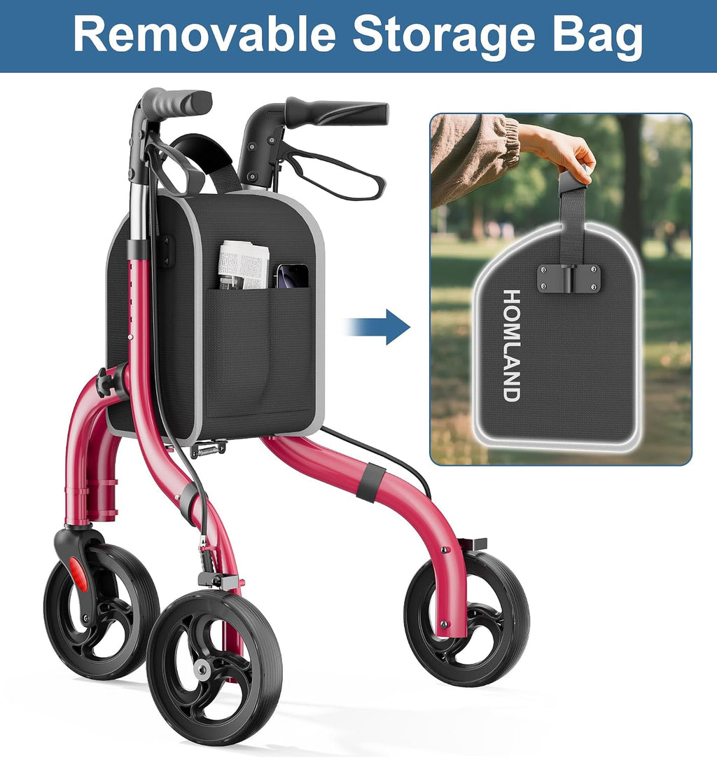 Foldable 3 Wheel Walkers for Seniors, Lightweight AluminumThree-Wheeled Walker, Height Adjustable Compact Walker with