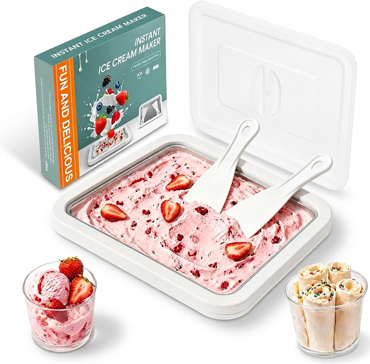 Rolled Ice Cream Maker Kit with Lid and 2 Spatulas, Rolled Ice Cream Tray