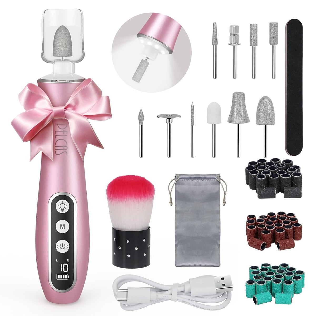 Electric Nail File, 10 Speeds Cordless Nail Drill Kit with LED Light