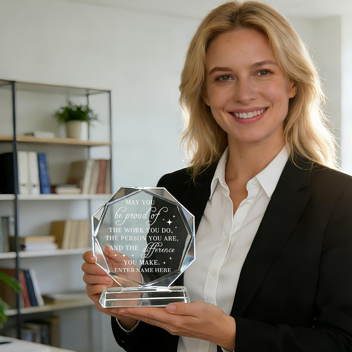 SHIP NEXT DAY, Personalized Crystal Award Trophy - Custom with Company Logo Text & Employee Name, Engraved Award for