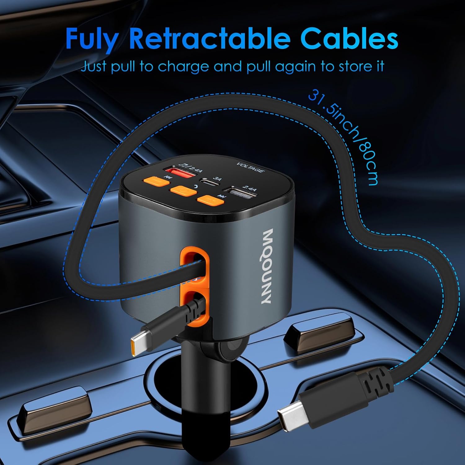 Retractable Car Charger,5 in 1 Fast Car Phone Charger 90W,Bluetooth 5.3 FM Transmitter Adapter,Handsfree Call,2