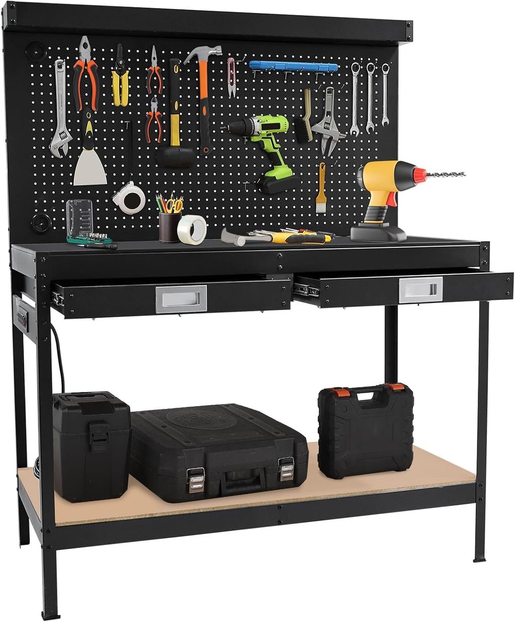 48" 2-Tier Garage Workbench, Heavy-Duty Cold-Rolled Steel Work Table with Back Panel, Lower Storage Shelf, Black Tool