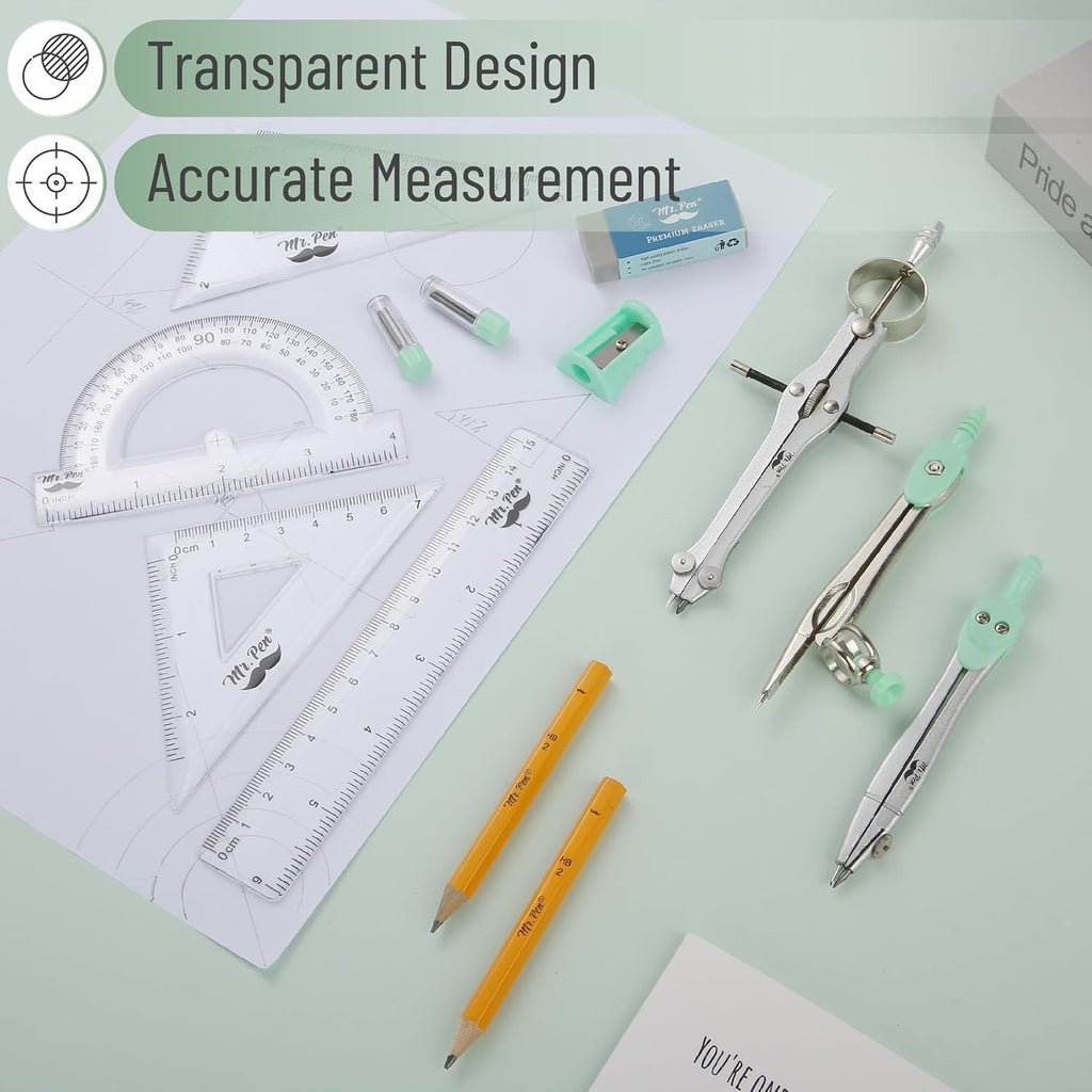 Geometry Set, 13 pcs, 3 Metal Compasses, Protractor, 6" Ruler | 45° & 30°/60° Set Squares, Pencils, Lead Refills