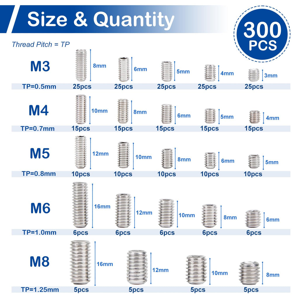 300Pcs Metric Set Screw Assortment Kit, Flat Point Allen Head Grub Screws
