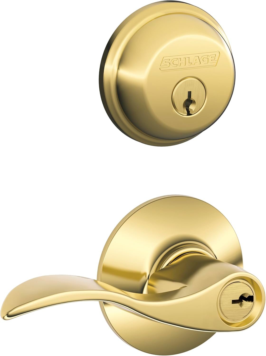 Deadbolt & Door Handle Set, Accent Lever, Bright Brass | Front door set with single cylinder deadbolt & reversible