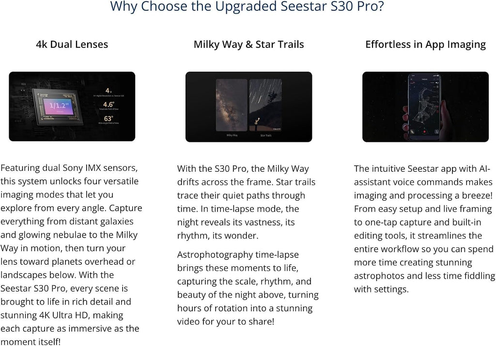 S30 Pro Smart Telescope, 4K Ultra HD, All-in-One Astrophotography, Smartphone Control, 128GB Storage