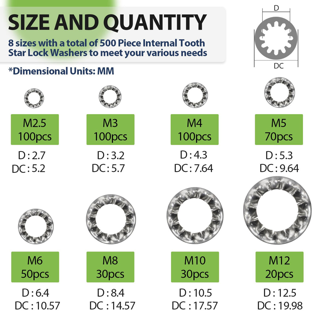 Star Washers Internal Tooth Lock Washers Assortment (M2.5-M12) 500Pcs