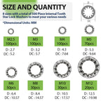 Star Washers Internal Tooth Lock Washers Assortment (M2.5-M12) 500Pcs