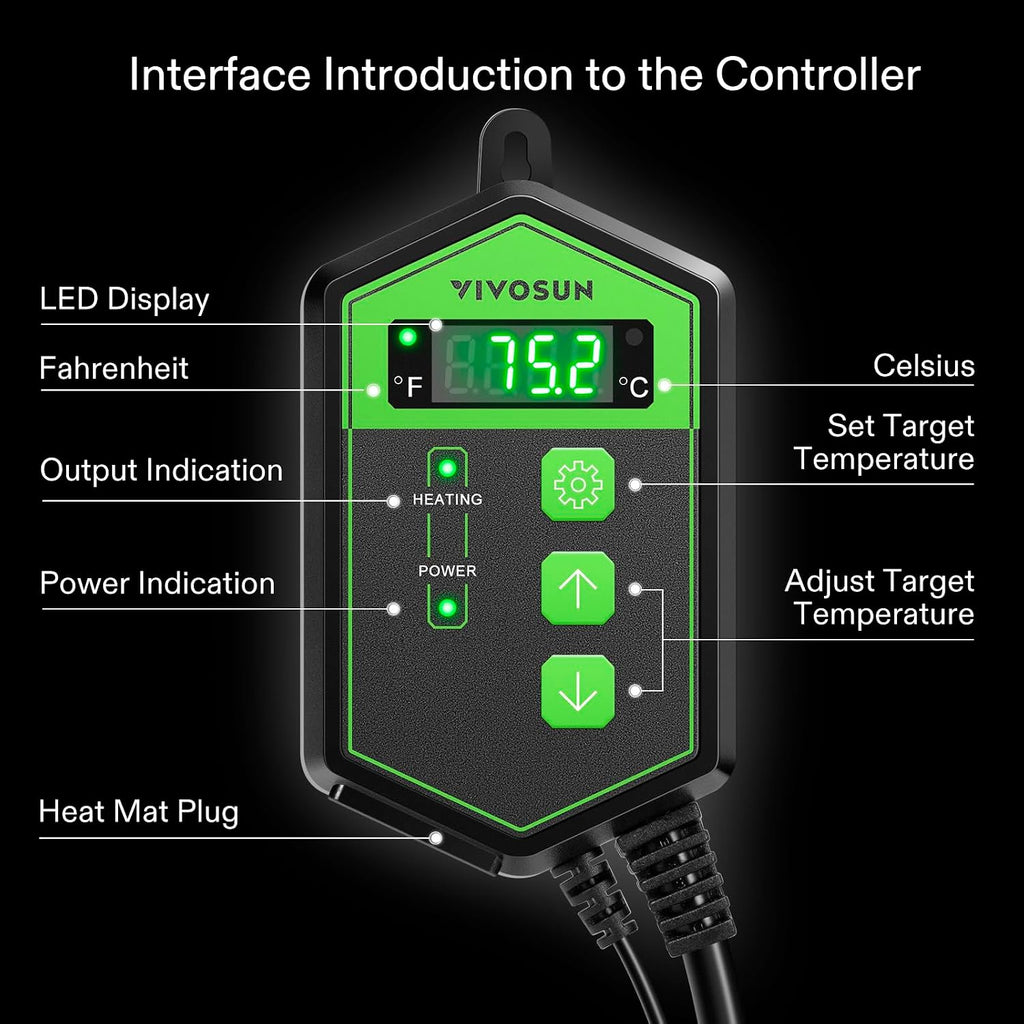 Digital Heat Mat Thermostat Controller, 40–108 ºF 1000W for Reptiles, Seedlings, Germination, Incubation and