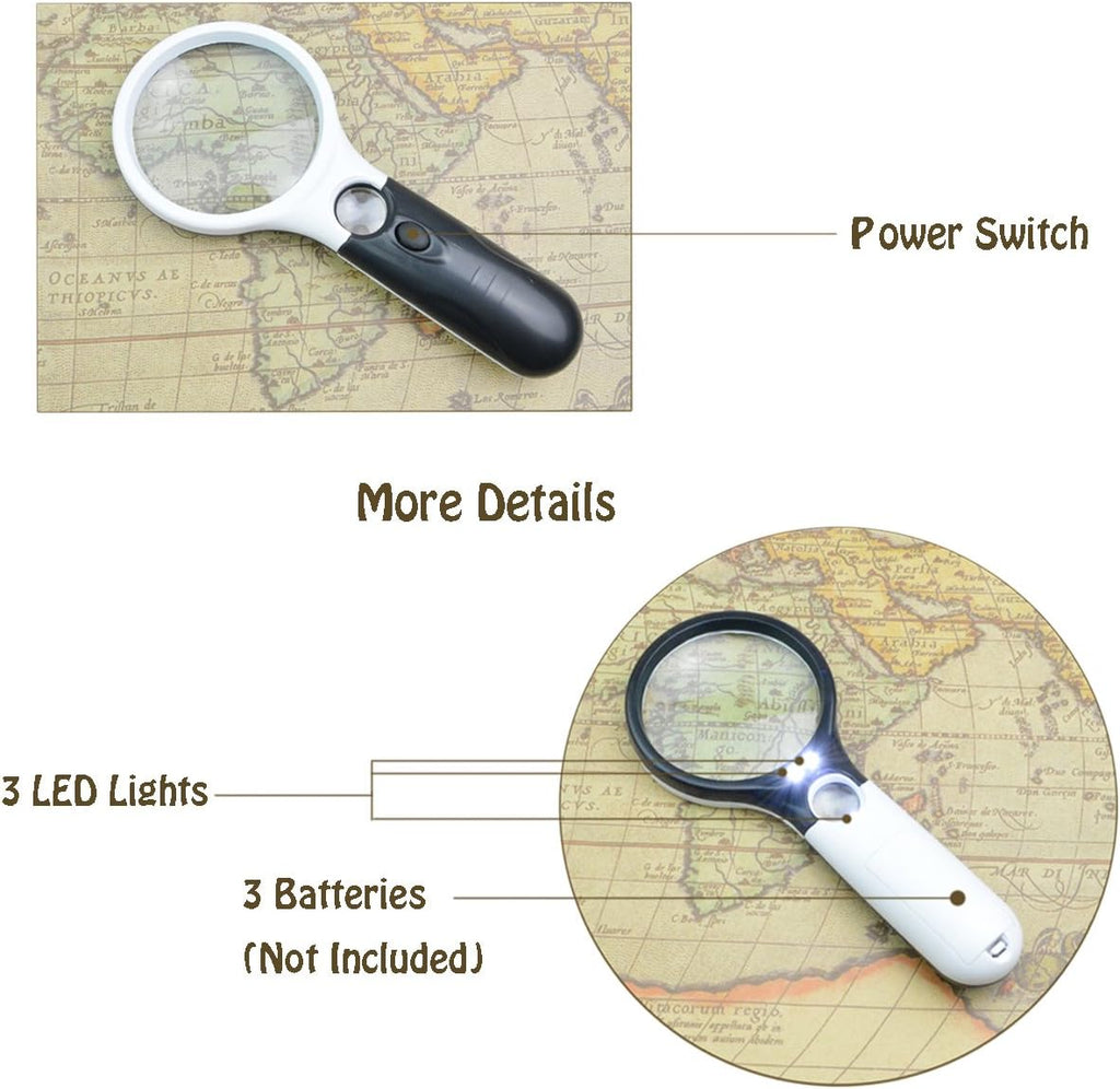 Magnifier 3 LED Light Handheld 3X 45X Glass Magnifier for Reading Jewelry | Portable, with bright white bulbs,for