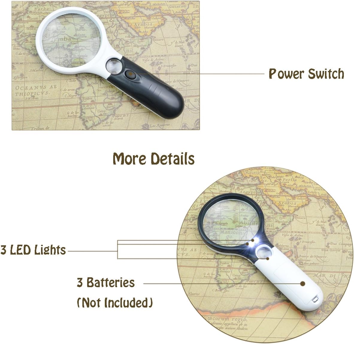 Magnifier 3 LED Light Handheld 3X 45X Glass Magnifier for Reading Jewelry | Portable, with bright white bulbs,for