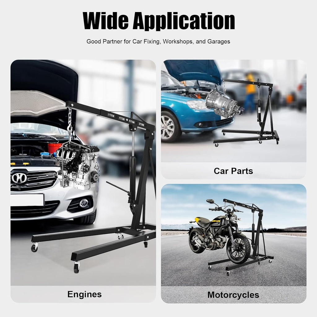 2-Ton Hydraulic Engine Hoist, Heavy-Duty Cherry Picker for Lifting Motors, Carbon Steel Shop Crane for Workshop