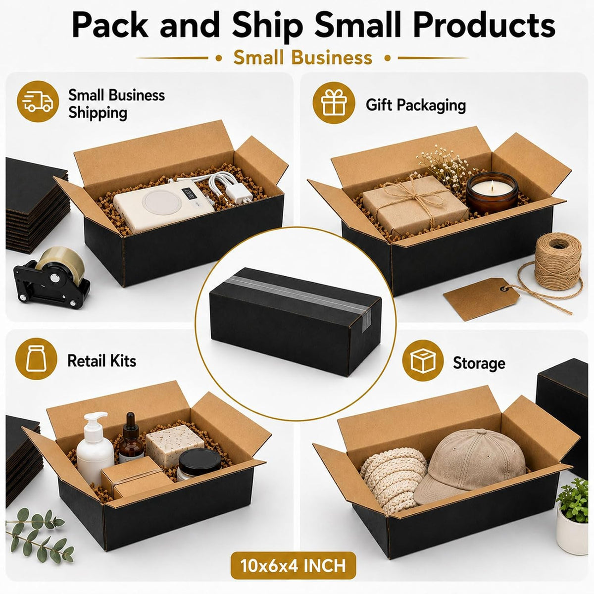 10x6x4 Black Shipping Boxes, Pack of 35