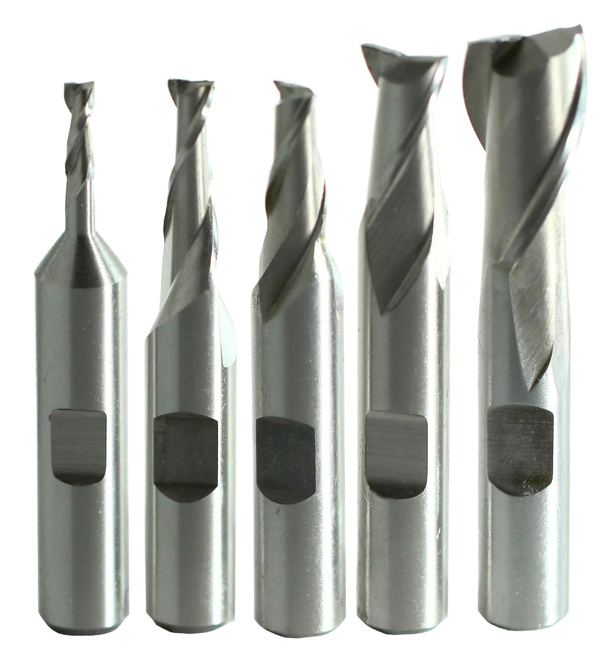 Drill America 5 Piece HSS End Mill Set, 1/8" - 1/2", 2 Flutes 3/8" Shank