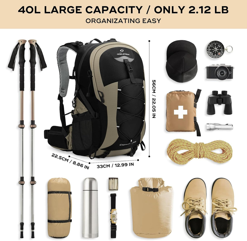 40L Hiking Backpack, Lightweight Camping Daypack with Rain Cover | Water-Resistant Rip-Stop Nylon, Wet/Dry