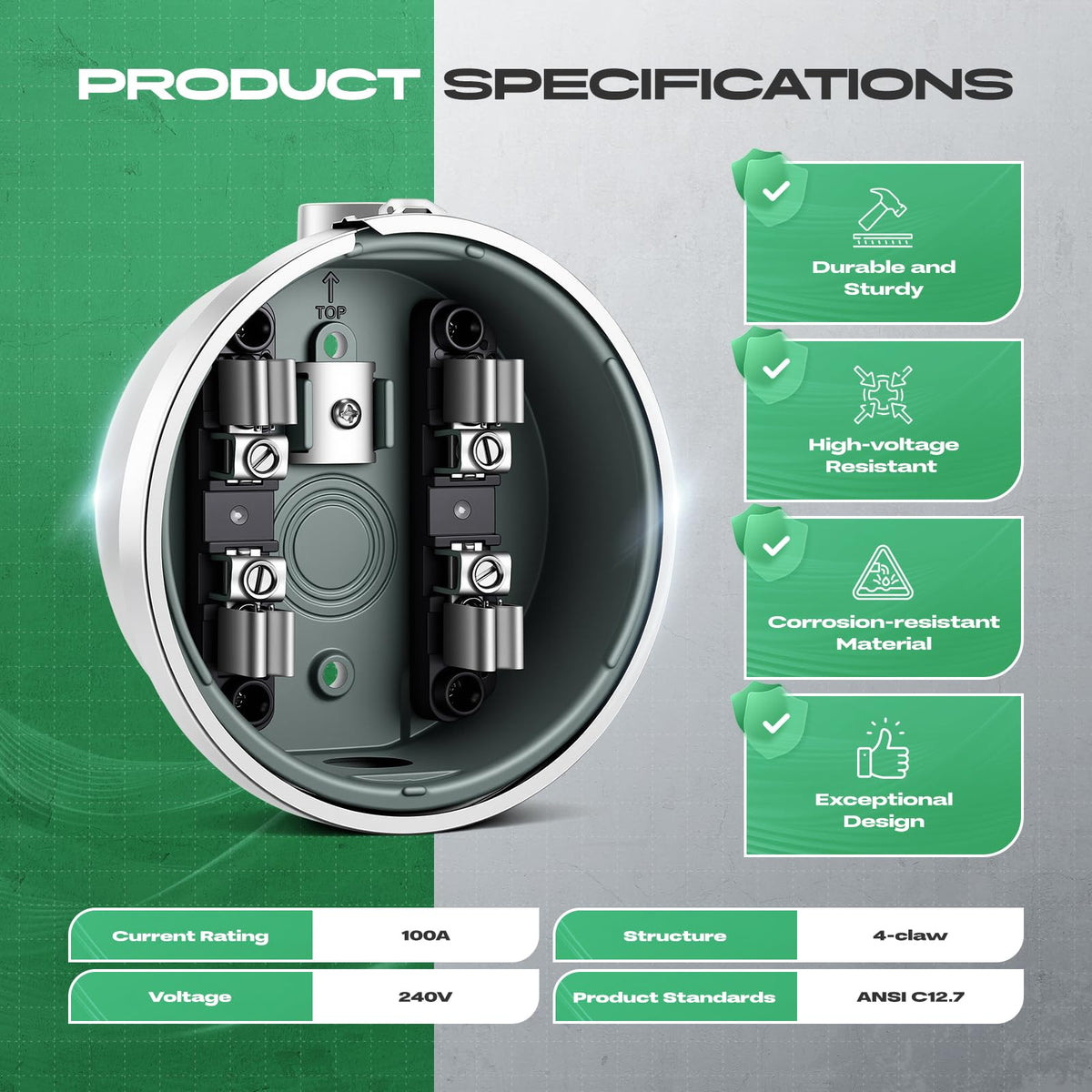 Meter Socket 100 Amp, 4-Jaw Meter Base Meter Socket 240V Single Phase 3-Wire with Horn Bypass Compatible with Overhead or Underground Service Installation