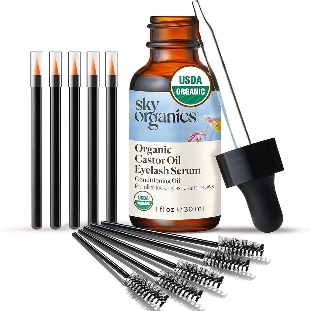 USDA Organic Castor Oil Eyelash Serum 1 fl oz, Glass Bottle | Fuller-looking lashes & brows. Conditioning hair oil.