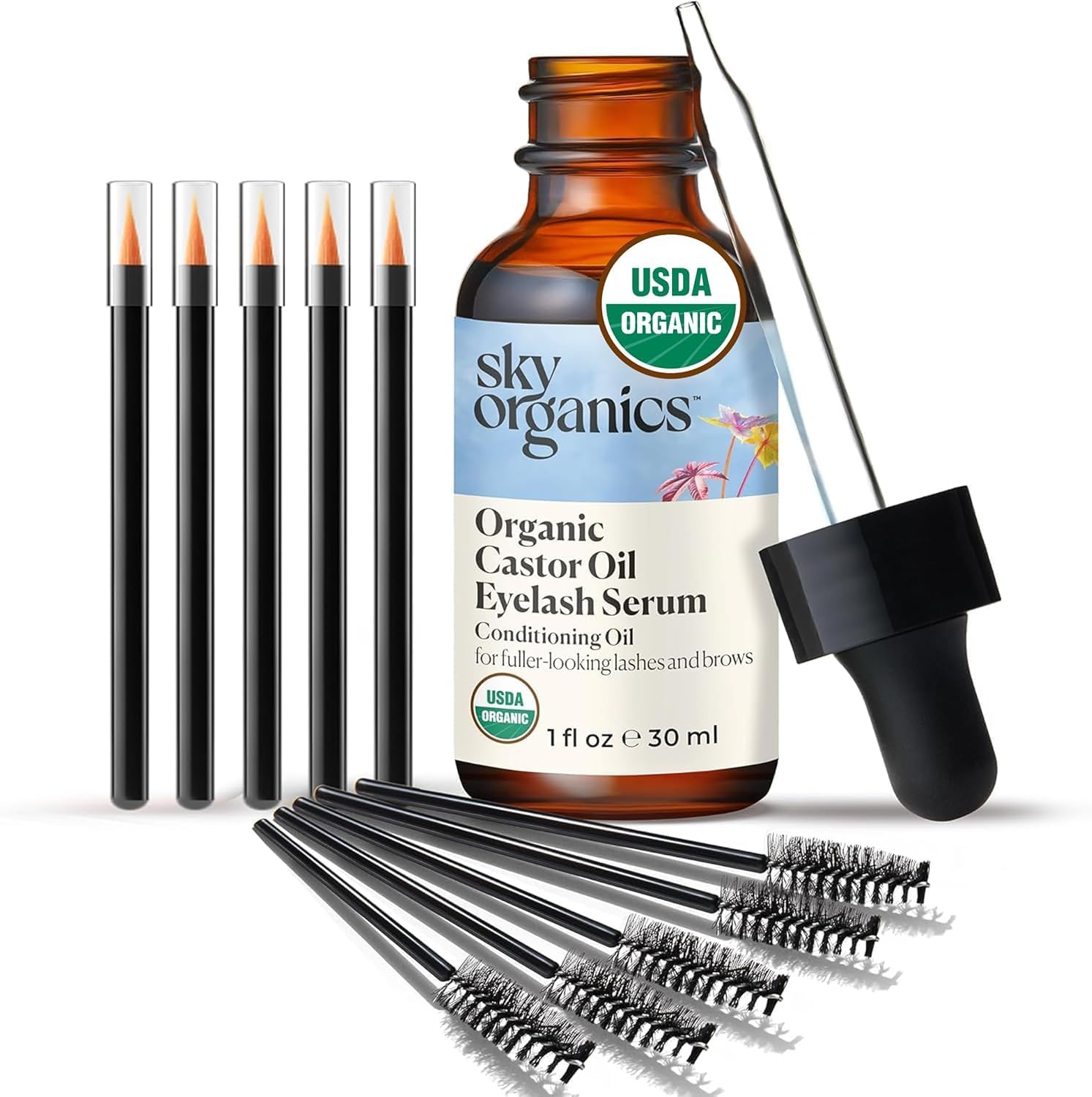 USDA Organic Castor Oil Eyelash Serum 1 fl oz, Glass Bottle | Fuller-looking lashes & brows. Conditioning hair oil.