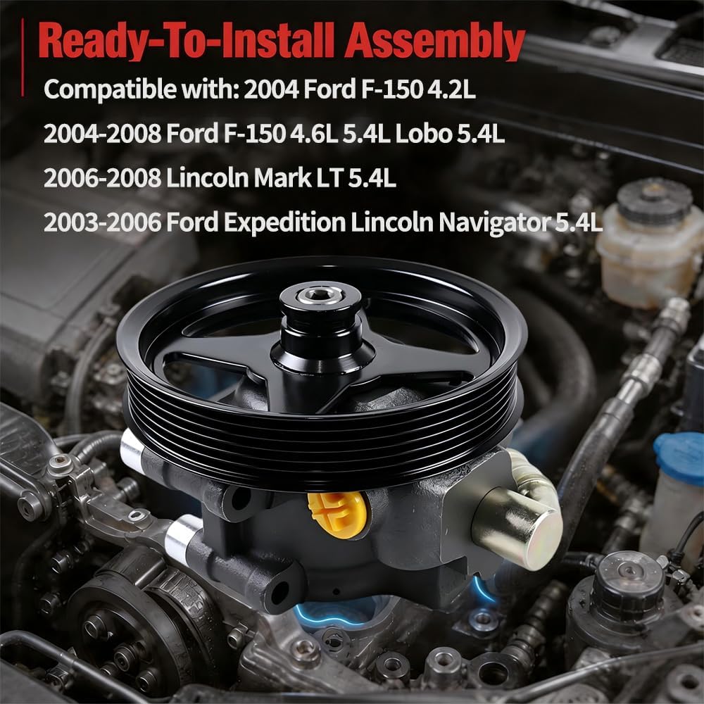 Power Steering Pump with Pulley Compatible with 2004-2008 Ford F-150 4.6L 5.4L, Expedition, Lincoln Mark LT Navigator, Replaces 6L3Z3A674B 7L3Z3A674C