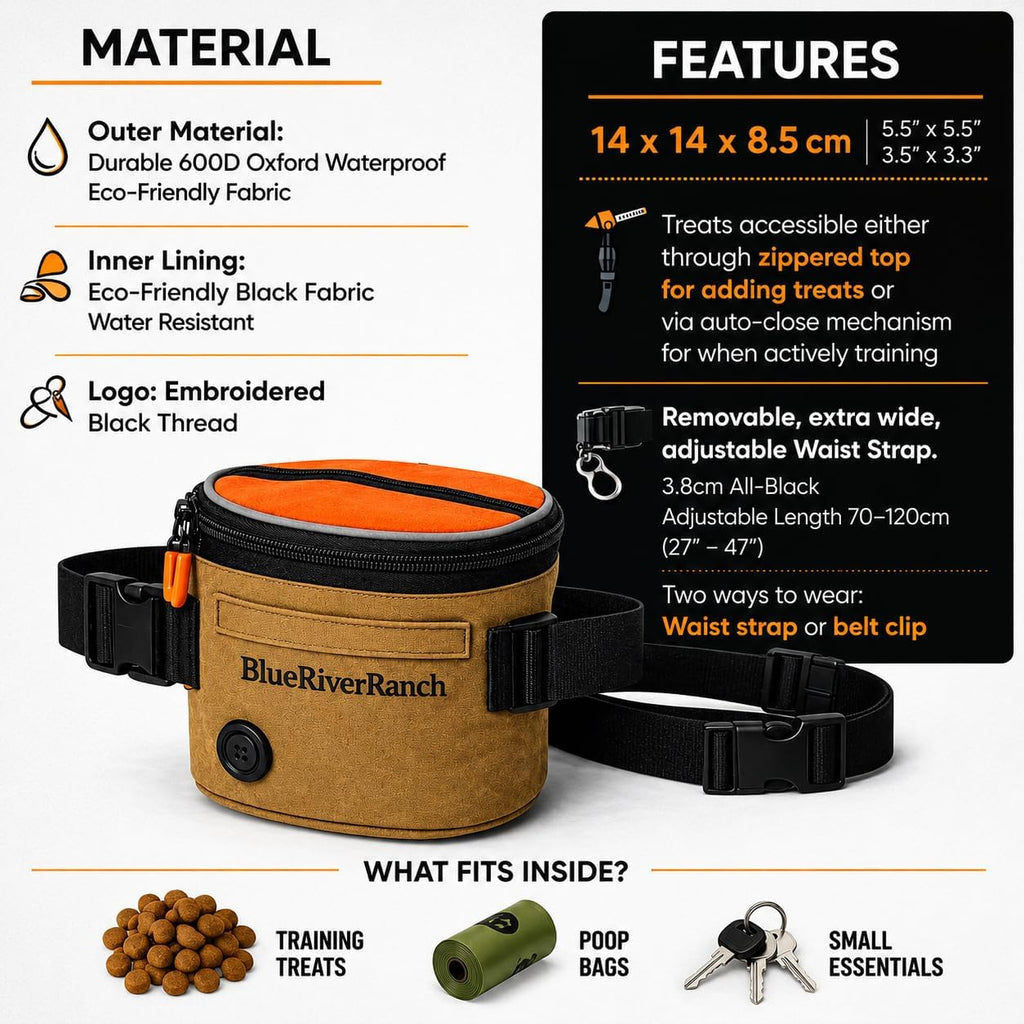 Dog Treat Pouch, Auto-Close One-Hand Access Training Treat Bag with Adjustable Waist Belt, Hands-Free Reward Pouch
