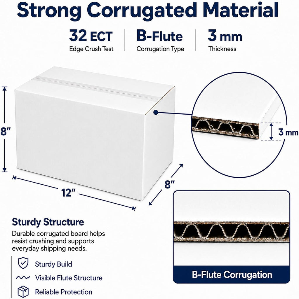 12x8x6 White Shipping Boxes, 25 Pack