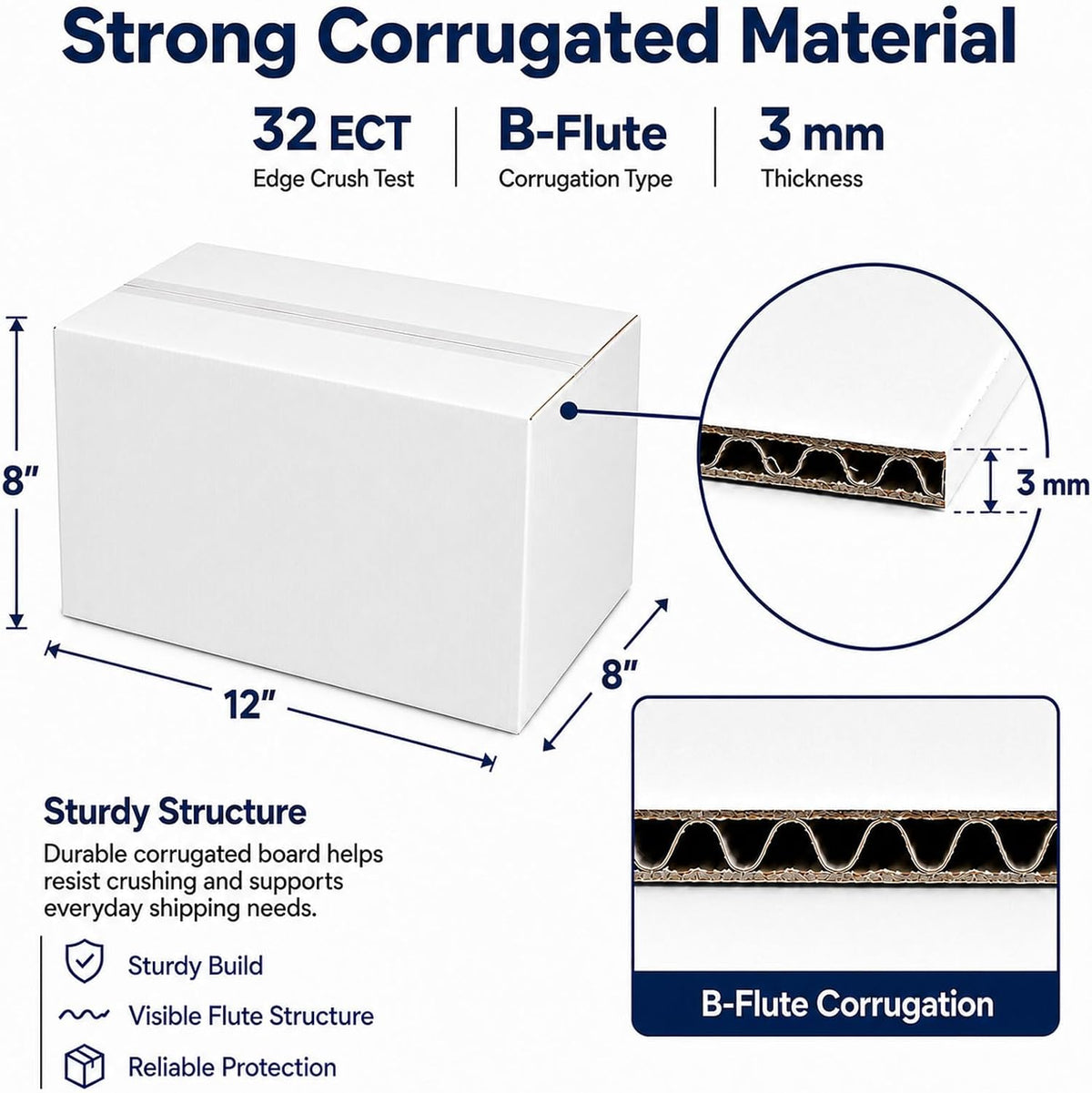 12x8x6 White Shipping Boxes, 25 Pack