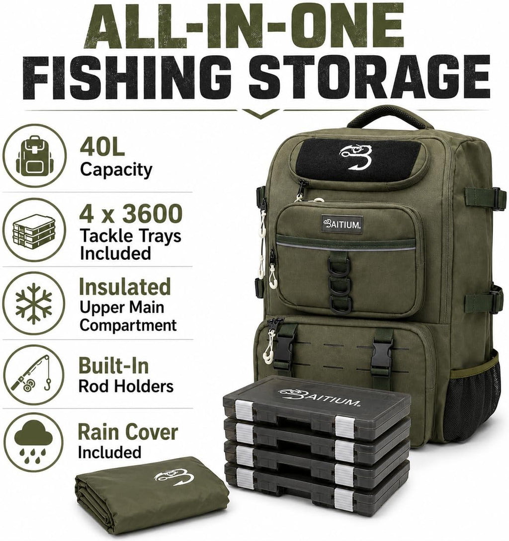 Fishing Backpack, Tackle Bag With Rod Holders, 40L Capacity With Cooler, Rain Cover, Insulated Pocket, 4 Tackle Trays
