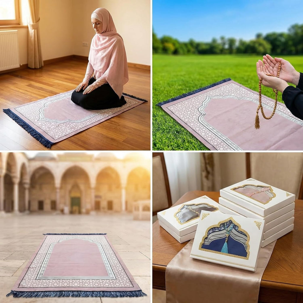 Ramadan & Eid Gift Set - Islamic Prayer Rug with Tasbih Beads, Premium Prayer Mat in Gift Bag or Box, Ideal for
