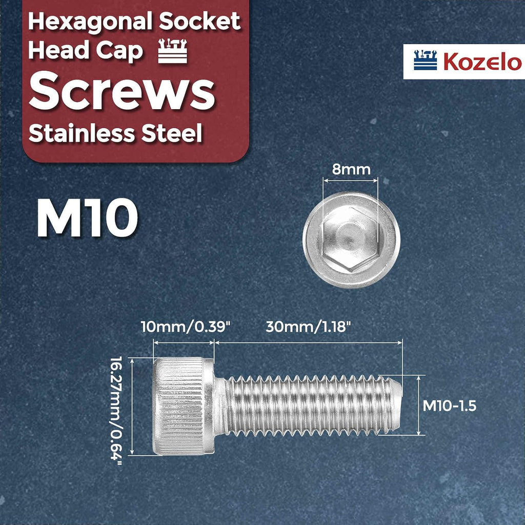 Socket Head Cap Screws M10-1.5x30mm 304 Stainless Steel Silver 20pcs
