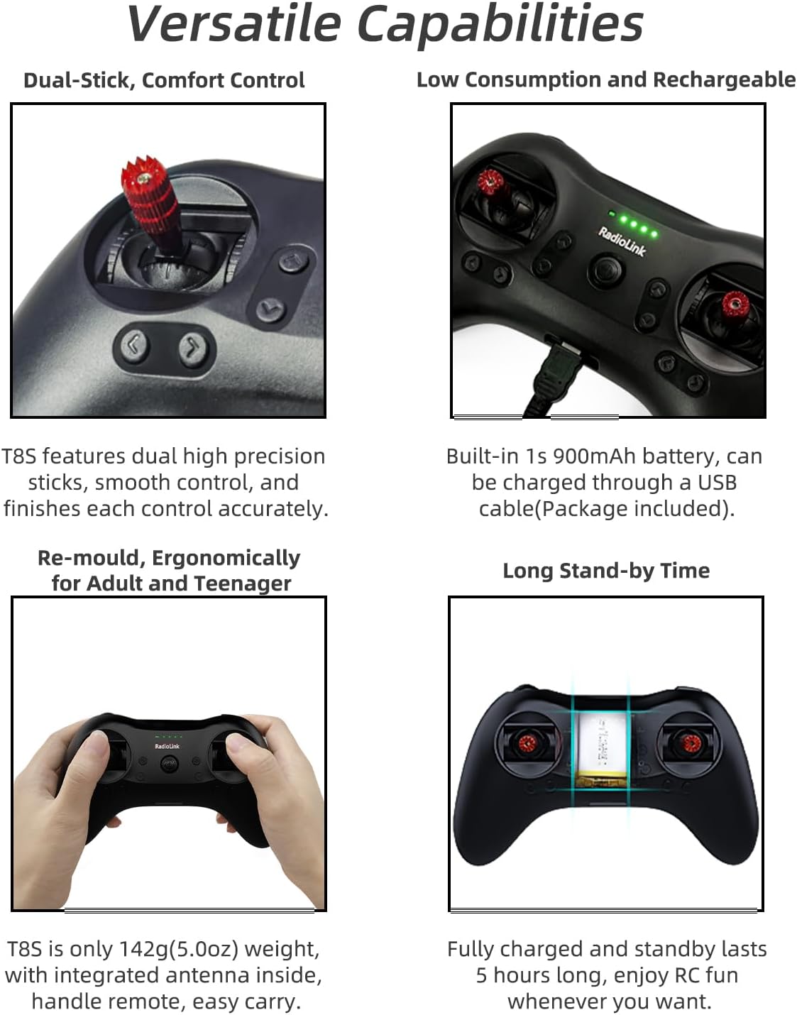T8S 8 Channels 2.4G Pocket RC Transmitter and R8EF RX for Car | Dual Sticks Return APP Setting Portable Radio