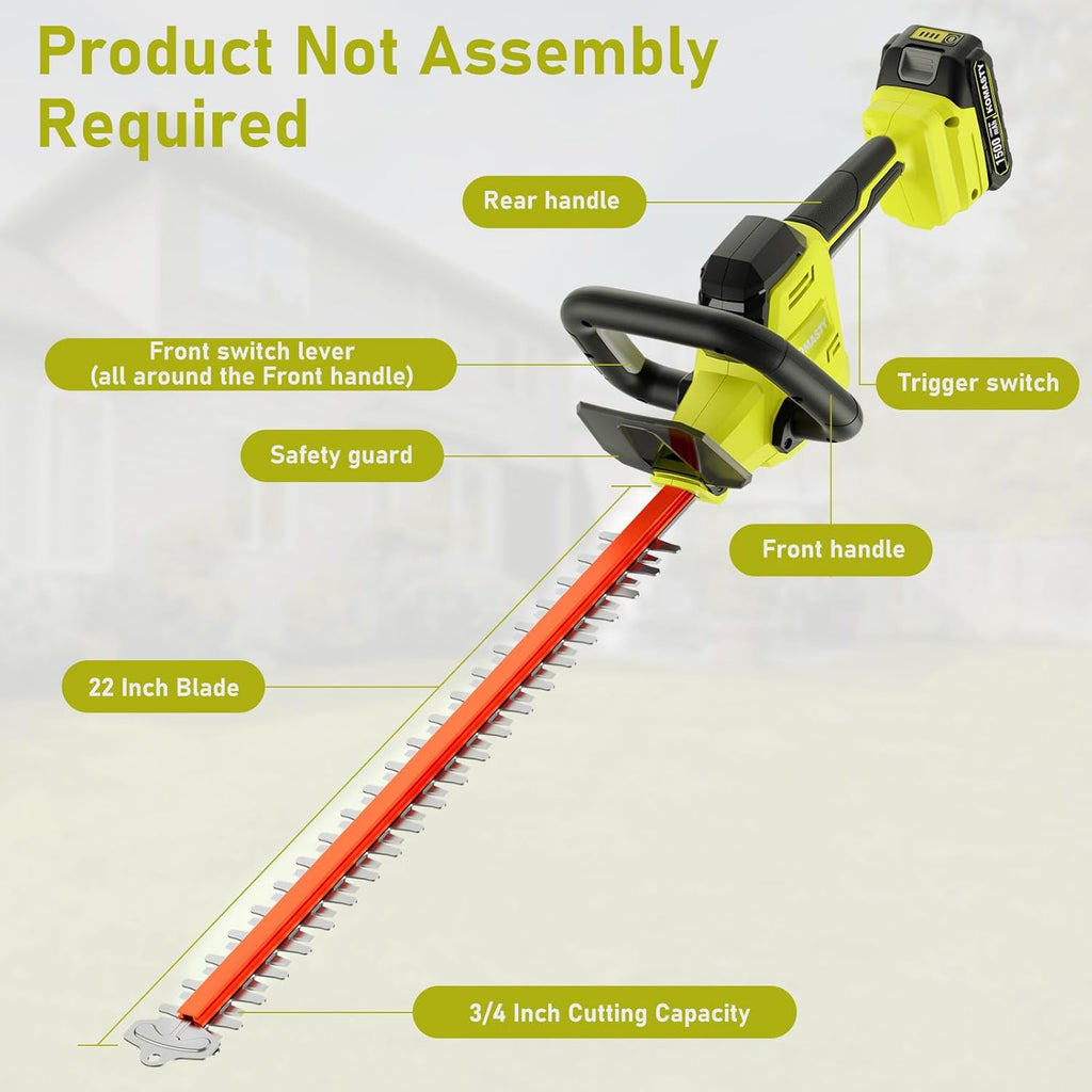 22 inch Hedge Trimmer Cordless with 2 Battery and Charger, 20V Handheld Electric Hedge Cutter with Dual-Action