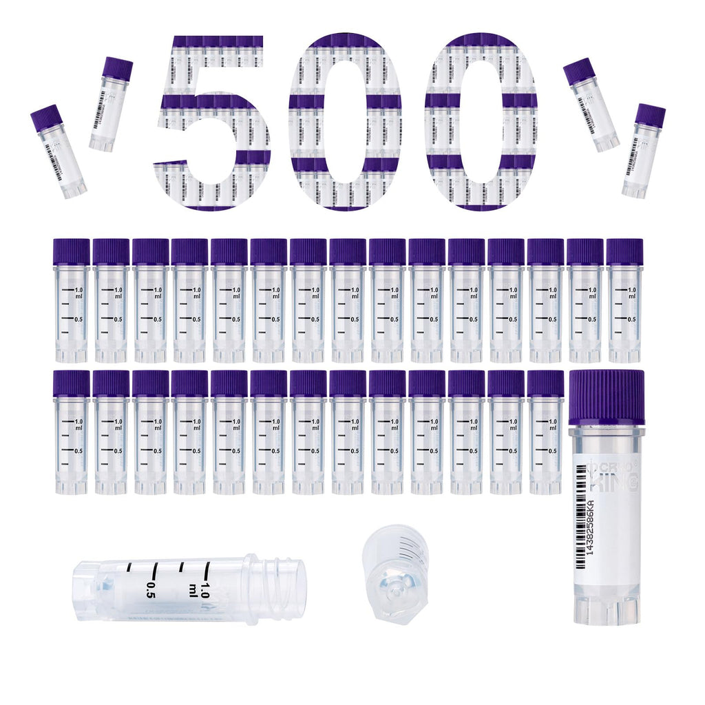 1.0ml Cryovials, 500Pcs Cryotubes with Side Barcode, Sterilisation Vials with External Thread, Sample Tubes with