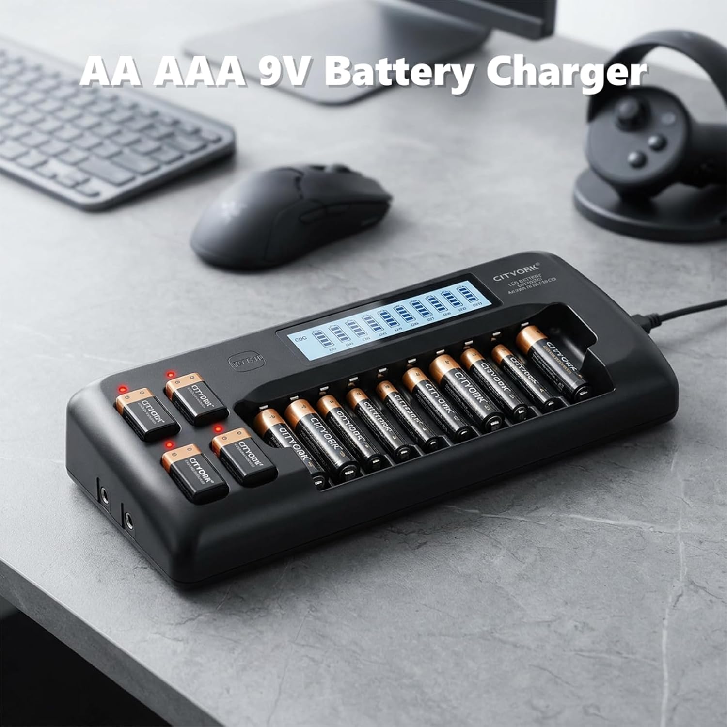 10+4 Bay AA AAA 9V Battery Charger, Smart LCD Display with Discharge Function, 10 Bay for AA/AAA Rechargeable