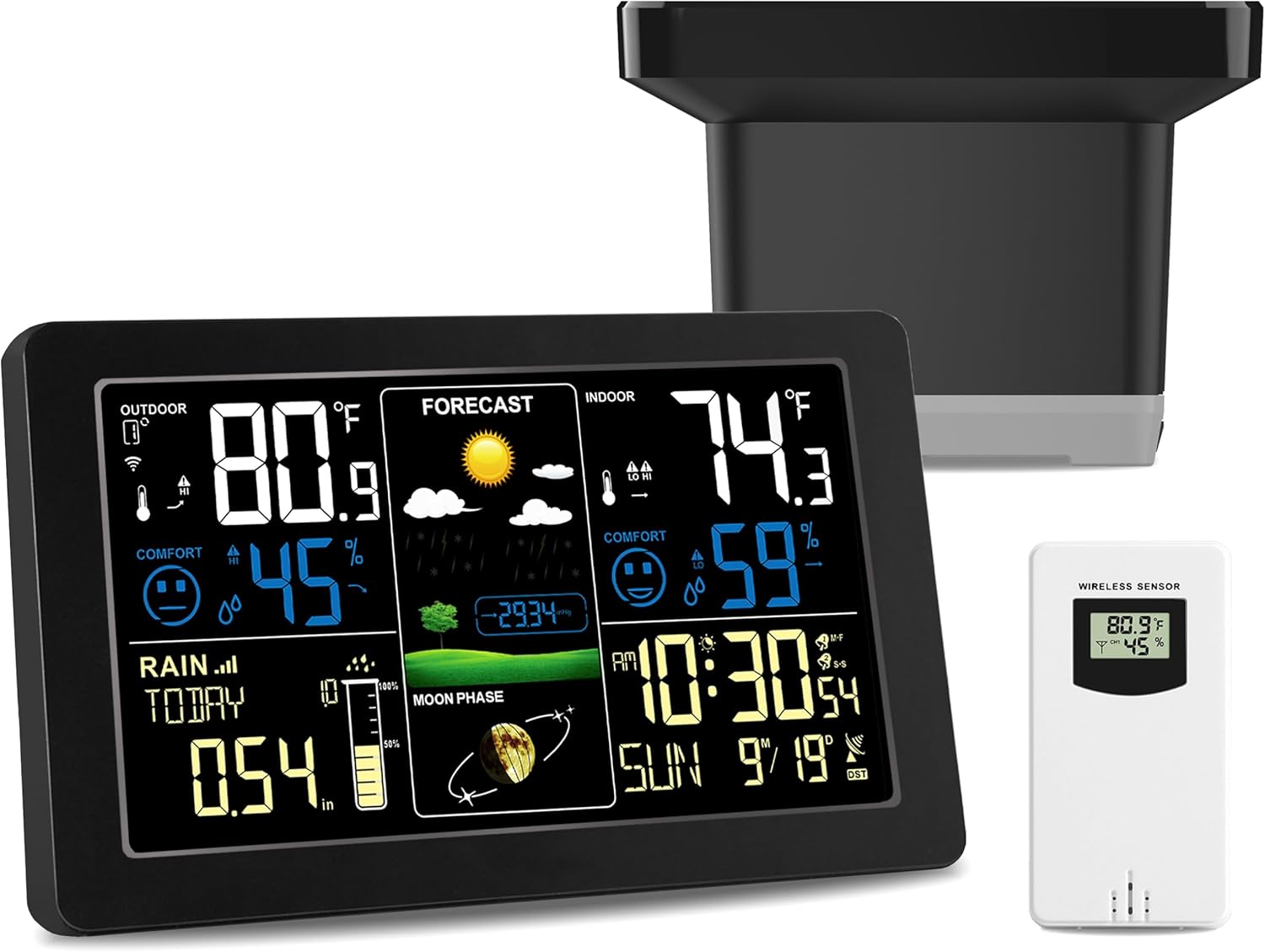 Digital Rain Gauge and Weather Station, Wireless Rain Gauge Outdoor, Home Weather Stations Wireless Indoor Outdoor