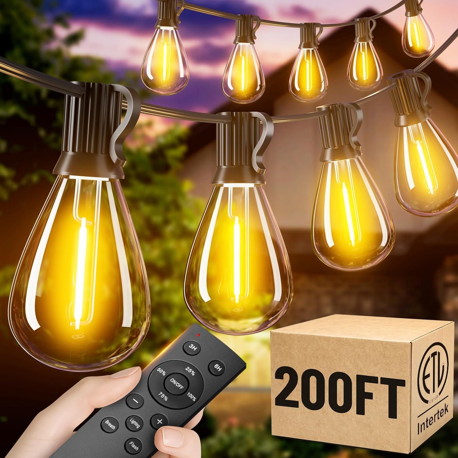 200FT Outdoor String Lights with Remote, Waterproof Patio Lights with 72+2 Shatterproof LED Bulbs,Dimmable Hanging