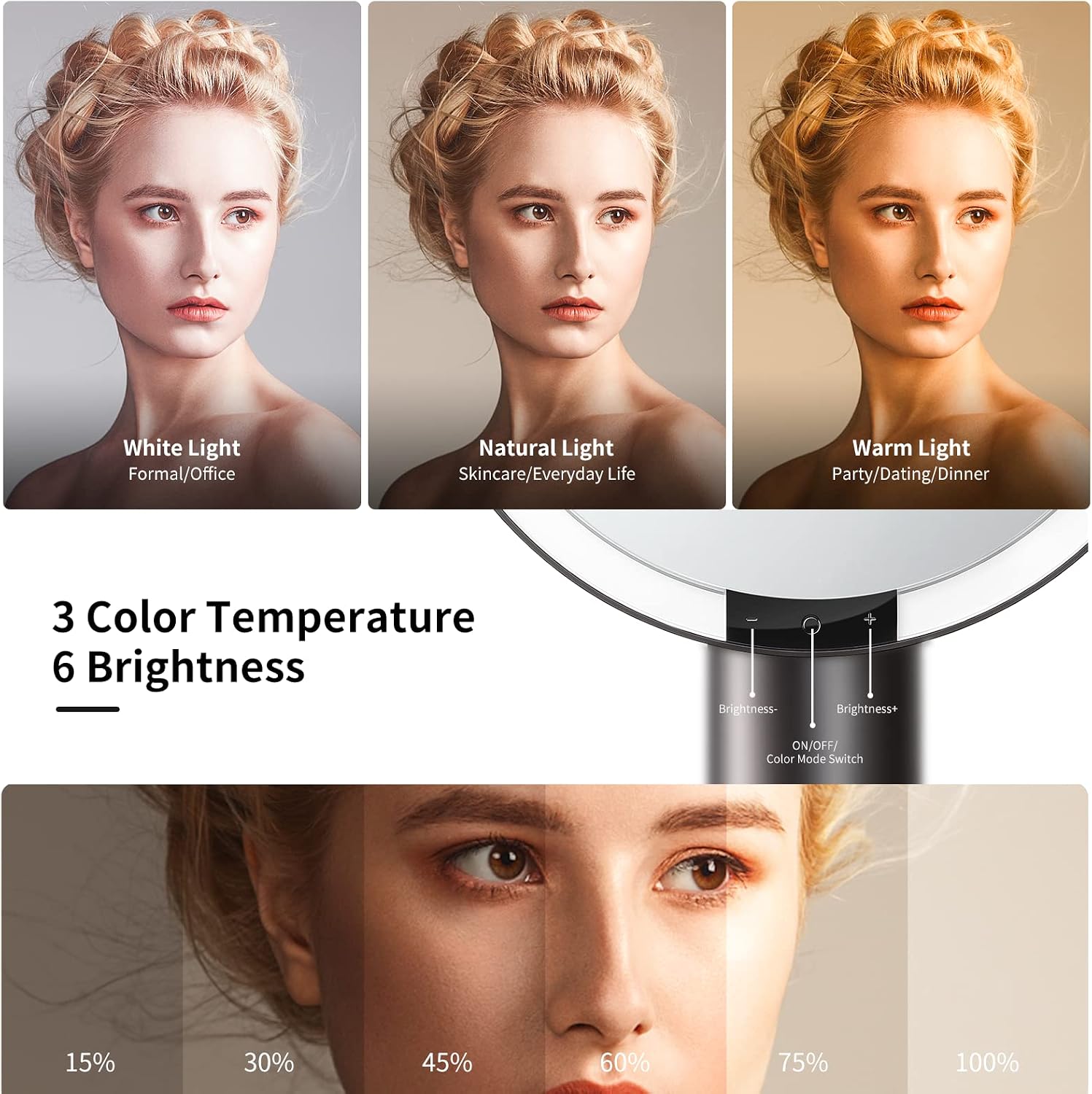 9"LED Makeup Mirror with 10X Magnification,3Colors&6 Brightness,Black | Smart Sensor, Touch-Control, Rechargeable