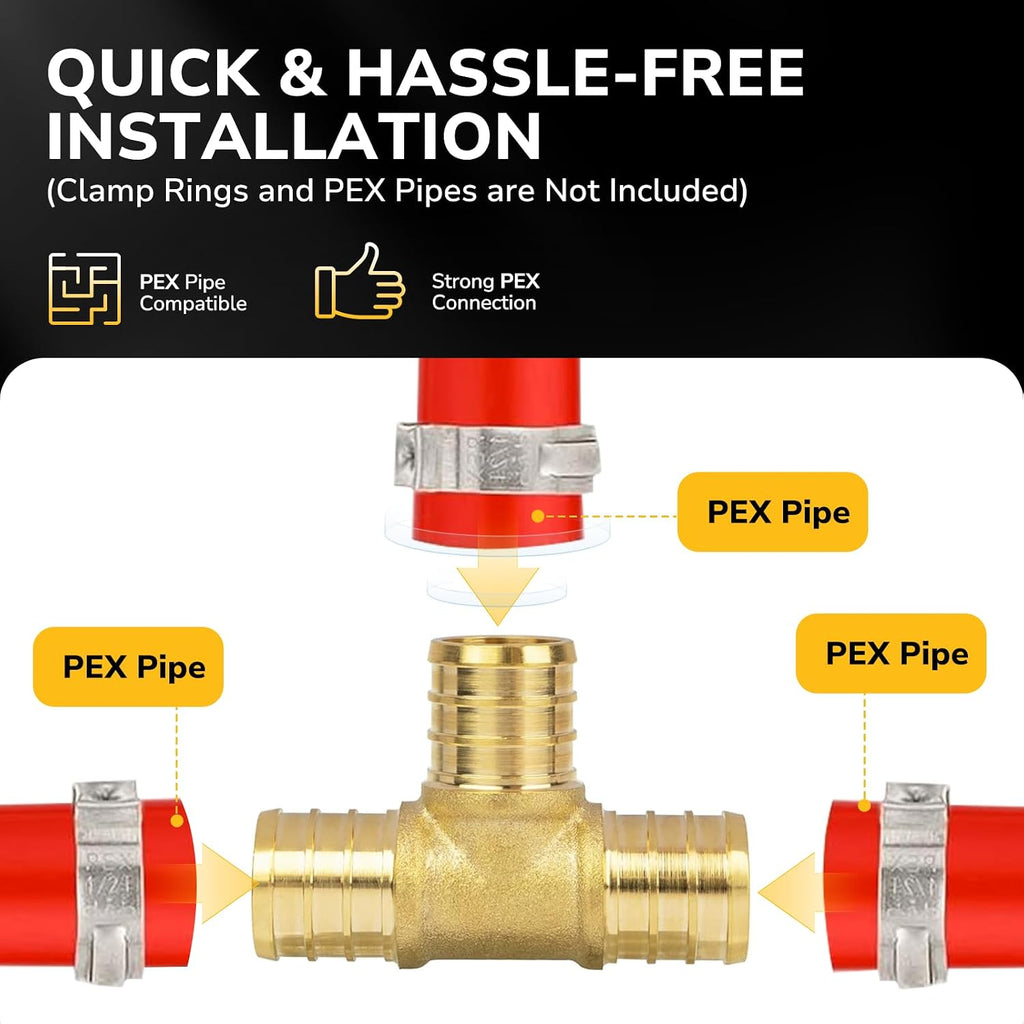 3/4" PEX Tee, PEX Fittings, Heavy-Duty Brass Crimp Fittings for PEX Pipes with Leak-Resistant Construction, NSF & UPC Certified, 5 Pack