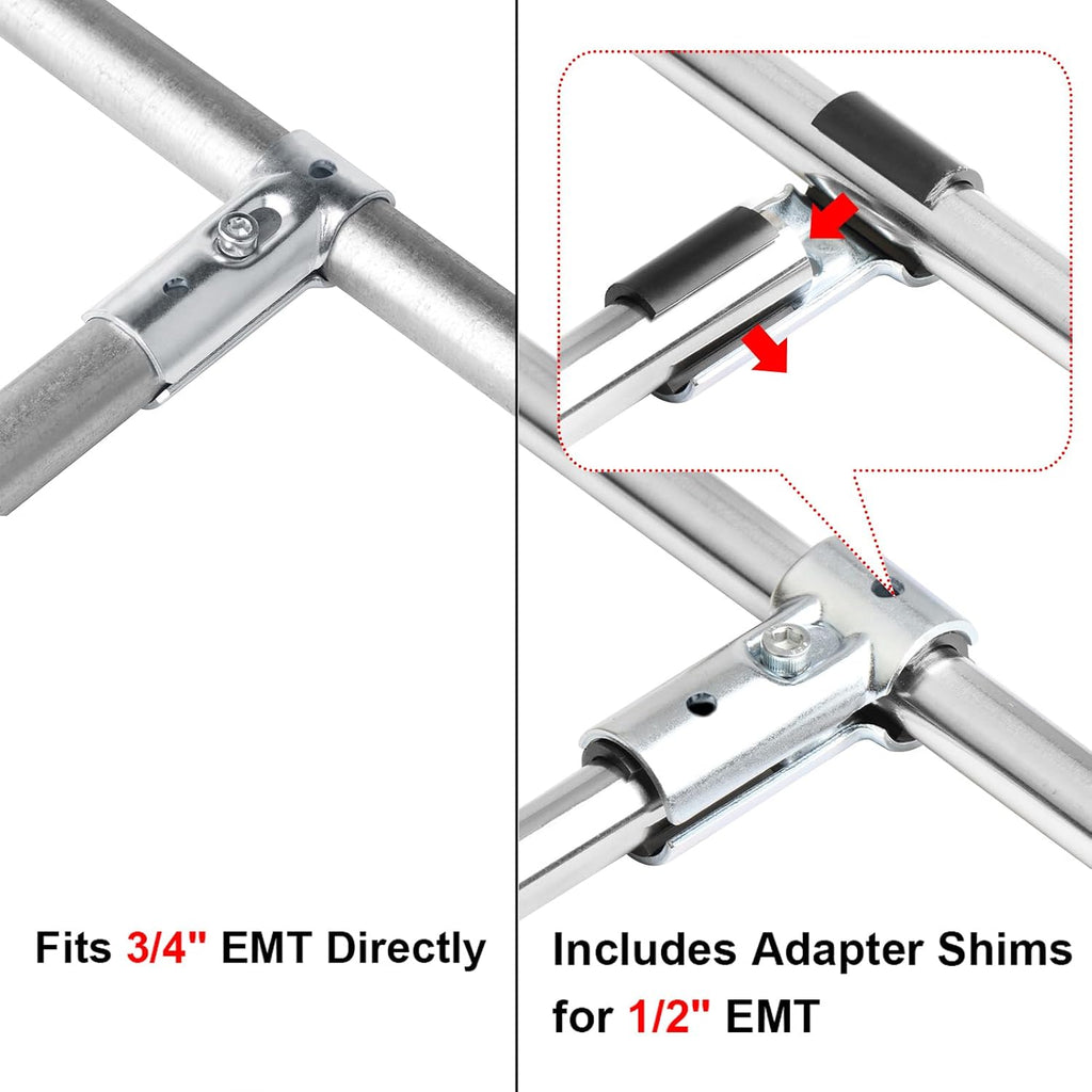 10 Sets T Pipe Connectors Tee Clamps, Fits 3/4" EMT Conduit Directly | Adapter Shims for 1/2" EMT