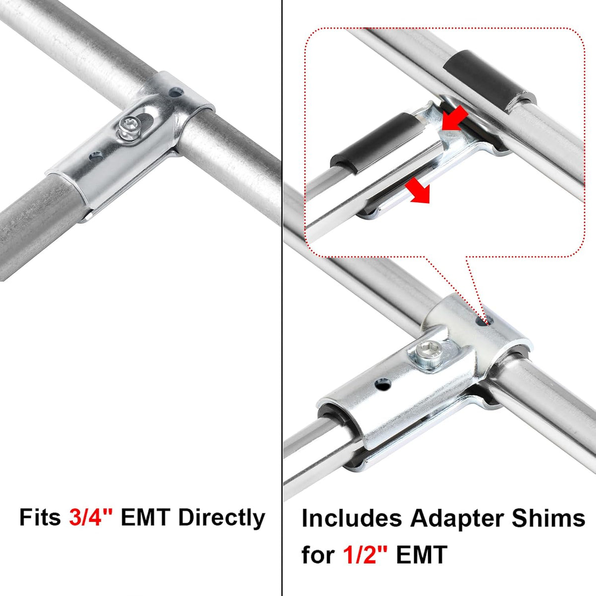 10 Sets T Pipe Connectors Tee Clamps, Fits 3/4" EMT Conduit Directly | Adapter Shims for 1/2" EMT