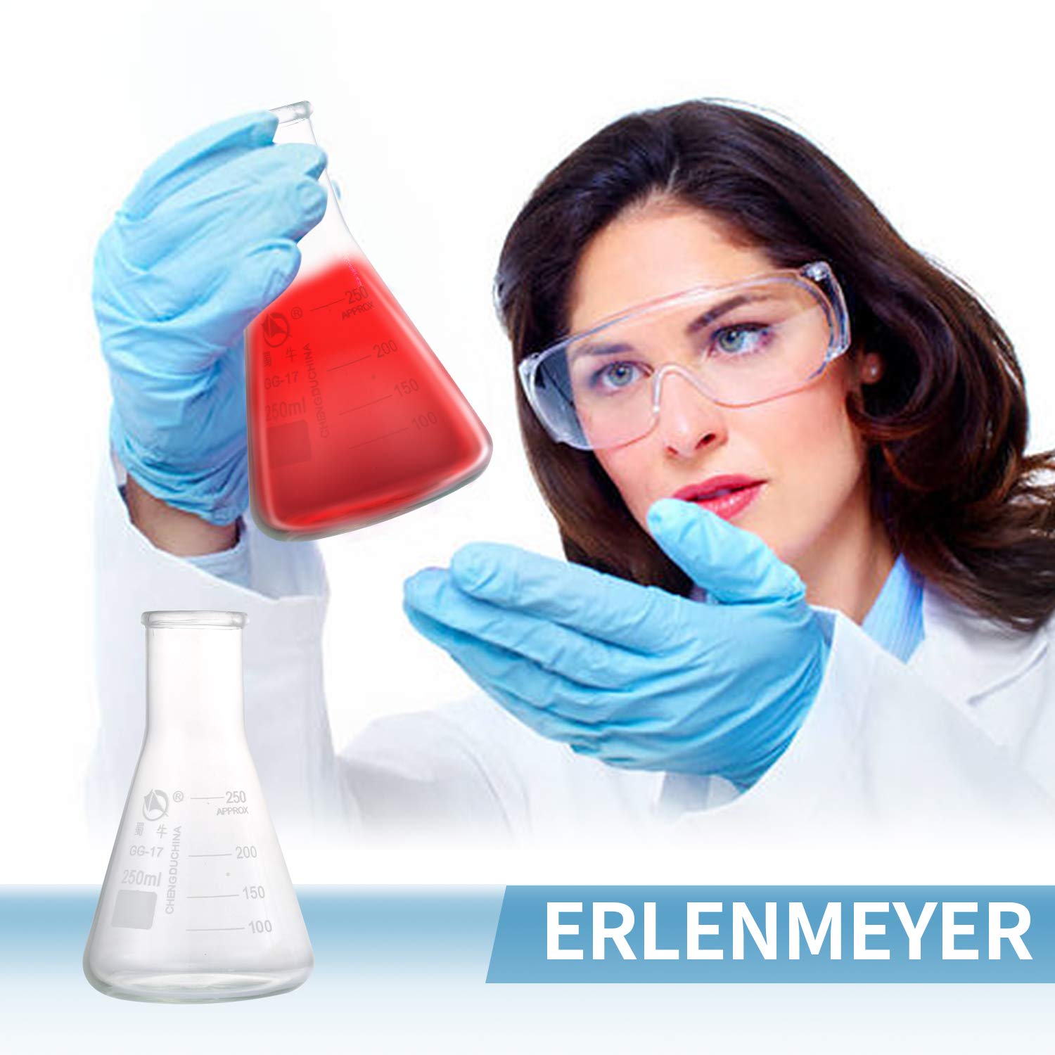 Glass Erlenmeyer Flask Set, (250 ml, 150 ml & 50 ml) Graduated Borosilicate Glass Erlenmeyer Flasks with Rubber