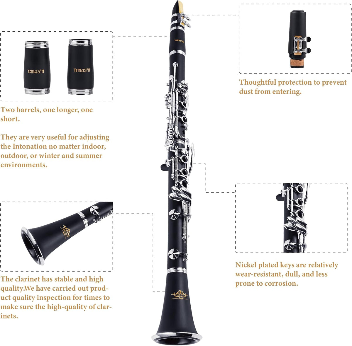YANASON Bb clarinet for beginners, Bb nickel-plated 17-keys clarinet, suitable for students, professionals, school