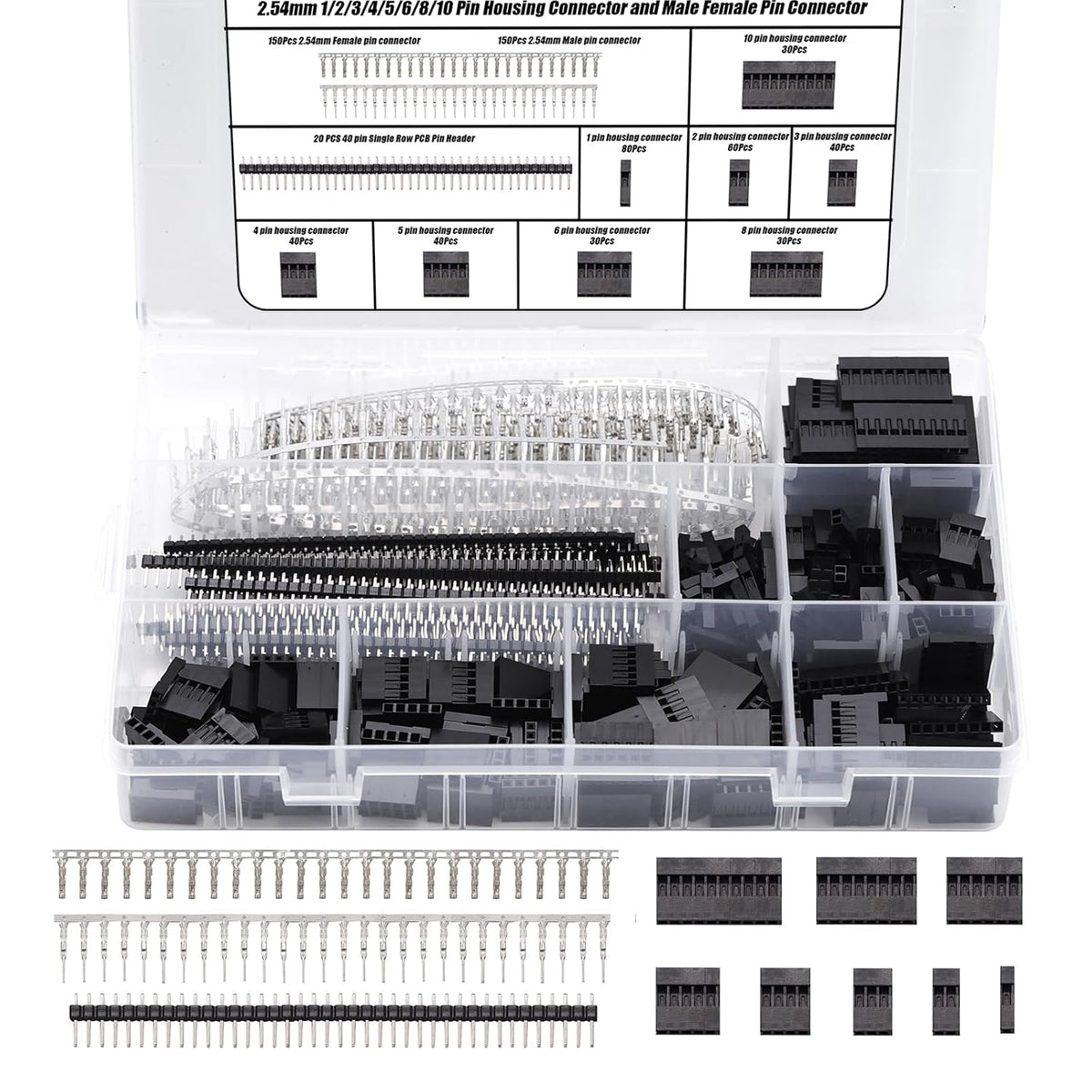 1450Pcs 2.54mm Dupont Connector Kit 1-10P Male Female