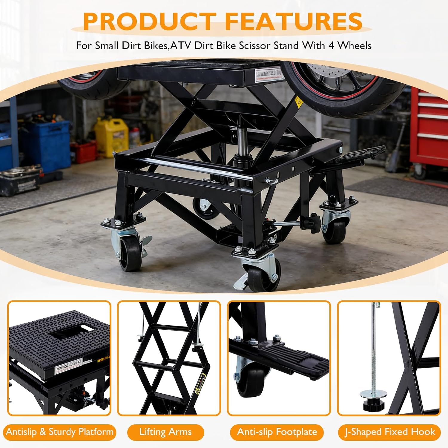 Hydraulic Motorcycle Lift Table, 350 lbs Capacity Scissor Jack Lift with Wide Deck, J-Hooks, 4 Wheels, Foot-Operated