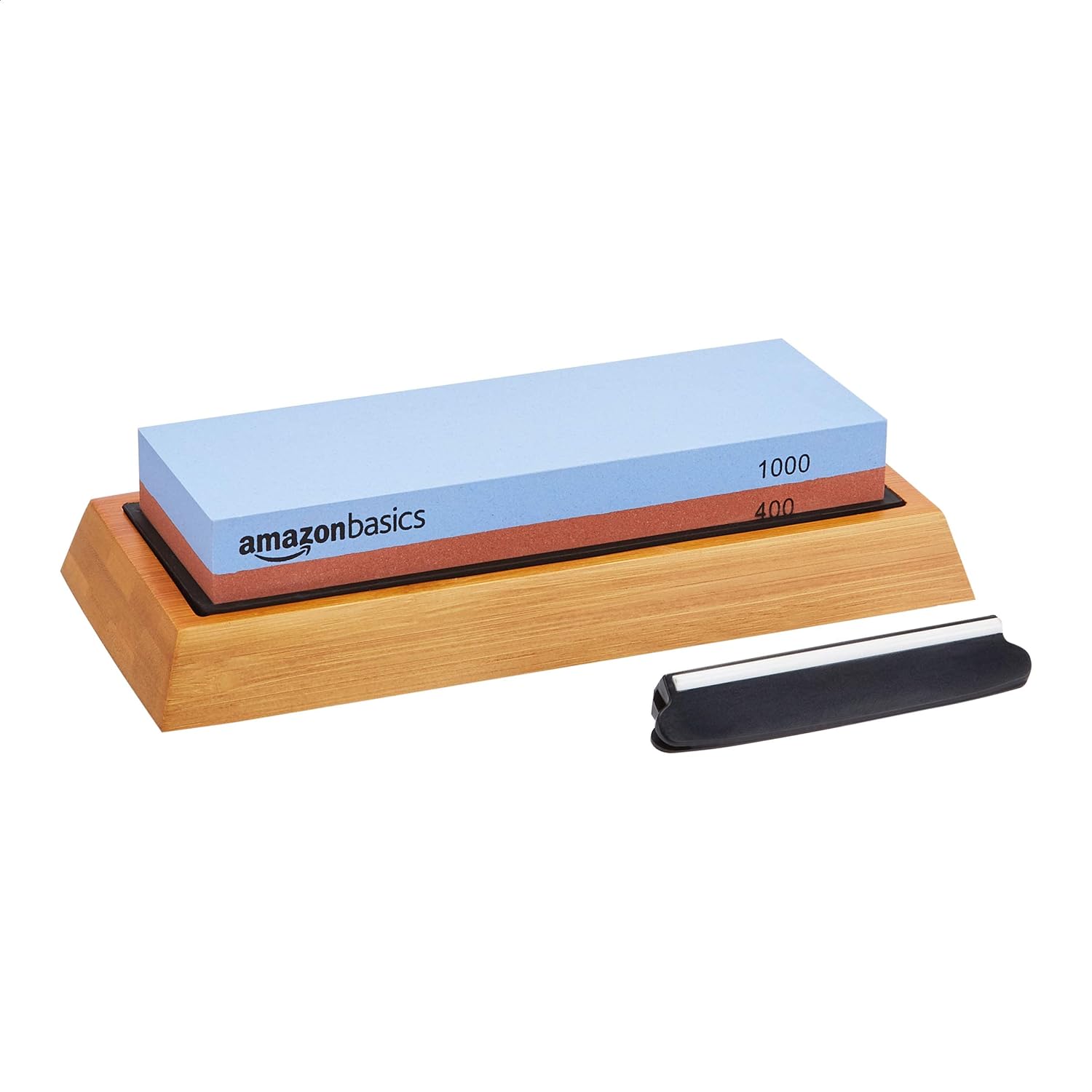 Dual Sided Whetstone Knife Sharpening Stone 400/1000 Grit with Angle Guide, Non-Slip Bamboo Base, Black & Grey