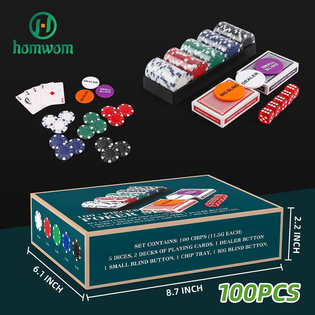 Poker Chip Travel Set, 100PCS 5 Color Professional Poker Chips in Cardboard Gift Box, 11.5 Gram Clay Composite Casino