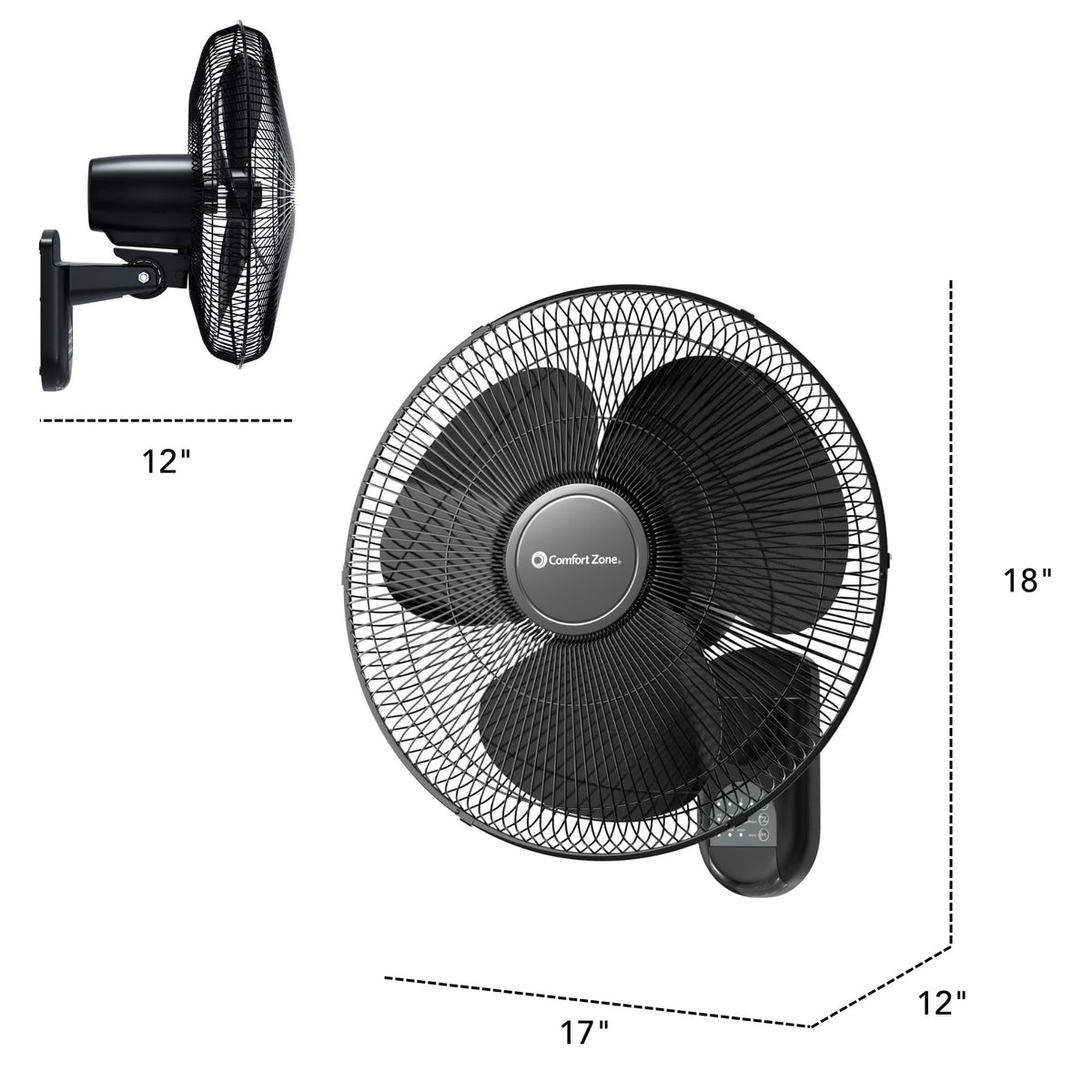 16" Oscillating Wall Mount Fan with Remote & Timer - Black
